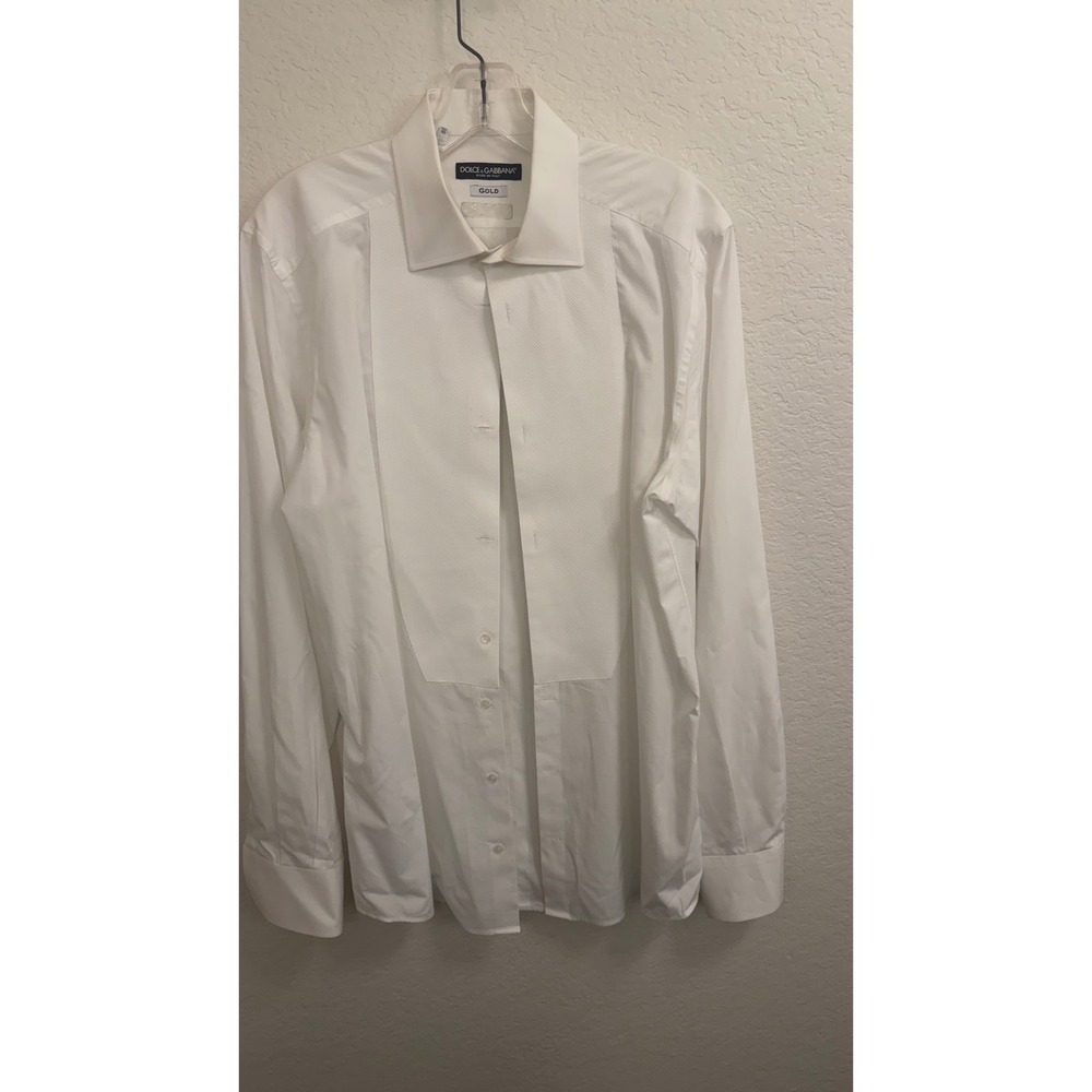 Dolce & Gabbana Gold White Tuxedo Shirt Textured Bib French Cuffs Mens 16 41
